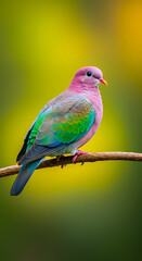 Obraz premium Hyper-detailed photorealistic close-up of colorful dove with pink beak and feet, perched on natural branch, intricate feather textures, soft golden-green bokeh, cinematic natural lighting