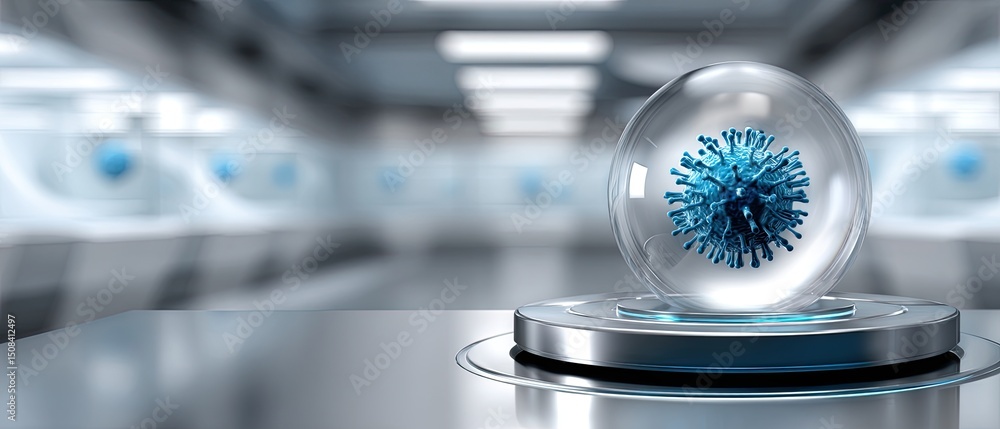 Poster vaccine virus trial concept. futuristic laboratory setting displaying a suspended virus model in a g