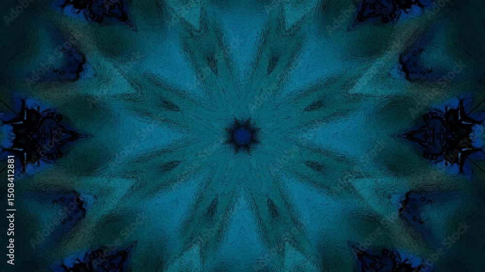 Poster intricate abstract design featuring a symmetrical pattern in deep blue hues, evoking tranquility