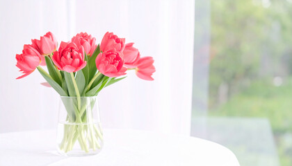 Bright red tulips in a clear vase positioned by a sunlight-filled window with sheer curtains