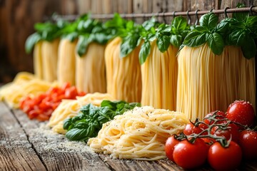 Fresh Italian Cuisine with Rustic Spaghetti, Basil, and Tomatoes for Culinary Design