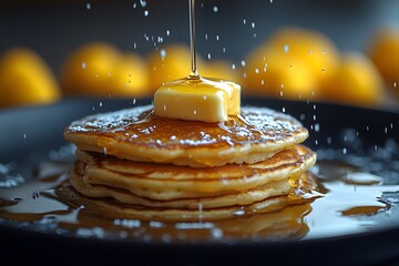 Stack of Fluffy Pancakes Drizzled with Syrup and Melting Butter