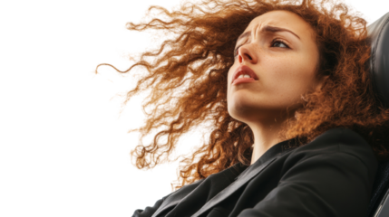 Young woman with apprehensive expression looking upwards, curly red hair