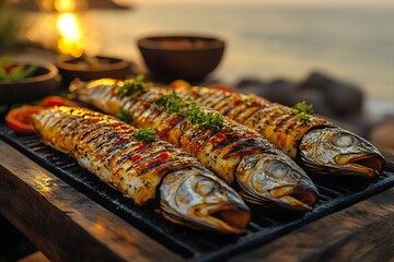 Grilled Fish on Coastal Barbecue During Sunset - Summer Outdoor Dining Experience