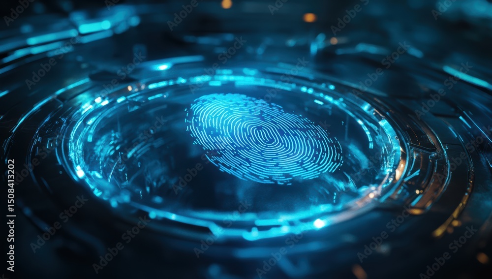 Poster biometric control concept featuring digital fingerprint in futuristic design, showcasing intricate p