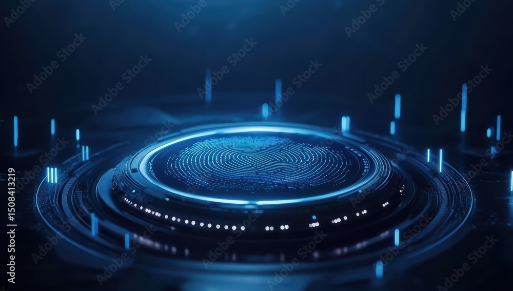 Aufkleber futuristic biometric control concept featuring digital fingerprint design illuminated by blue light.