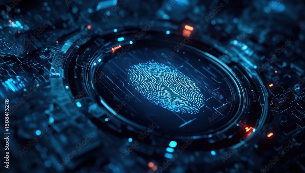 Poster biometric control concept featuring digital fingerprint in futuristic setting, showcasing intricate 