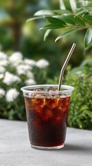 A refreshing iced cola in a plastic cup with a metal straw, set outdoors amid green plants and white flowers.