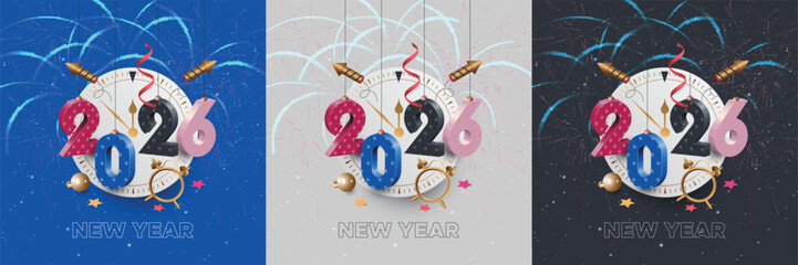 Festive New Year 2026 with 3D hanging numbers, clock and festive fireworks. 2026 New Year square template
