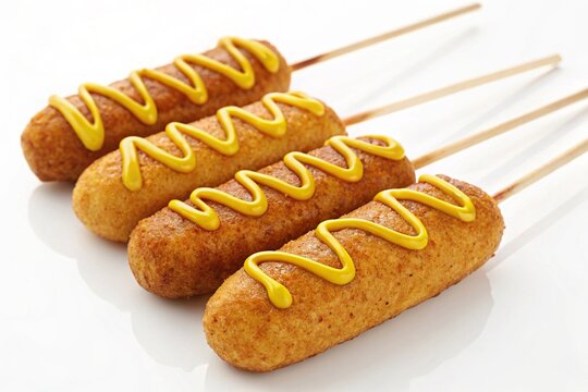 Four corn dogs with mustard drizzle on sticks isolated on white background