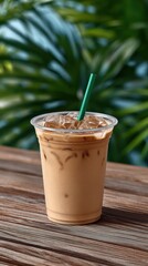 Iced coffee in a plastic cup with a green straw sits on a wooden table, with lush green foliage blurred in the background.