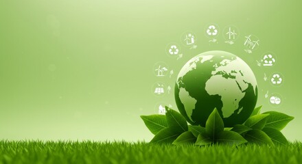 Green Earth Globe with Ecology Icons and Leaves