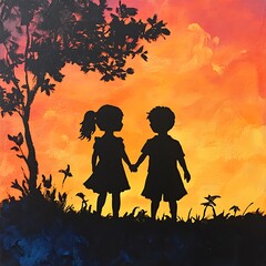 Silhouette of children holding hands at sunset.