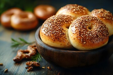 Homemade Bagels with Sesame Seeds on Rustic Wooden Table - Perfect for Breakfast and Brunch Menus