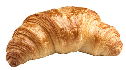 A golden-brown croissant, flaky and layered, is presented against a black background.  Its texture is highlighted by the light isolated on transparent or white background. Generative ai