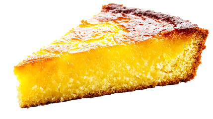 A golden-yellow slice of moist cake, possibly citrus-flavored, with a slightly crumbly texture, presented against a black background