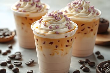 Iced Coffee with Cream and Toppings in Plastic Cups for Summer Refreshment