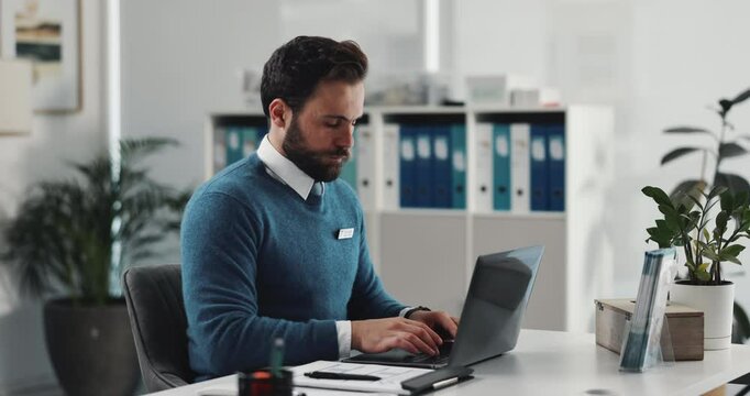 Man, therapist or typing on laptop at office for health administration, report or communication. Male person, healthcare worker or administrator with computer for email, telehealth or clinic feedback
