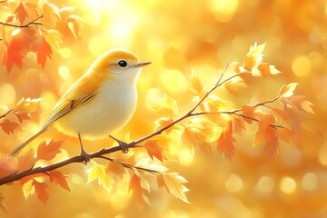 Golden Autumn Scene: Yellow Bird on Branch Surrounded by Warm Bokeh