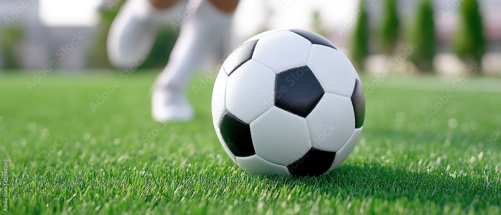 Aufkleber soccer ball on green grass field with blurred player in background, capturing sharp and dynamic mome