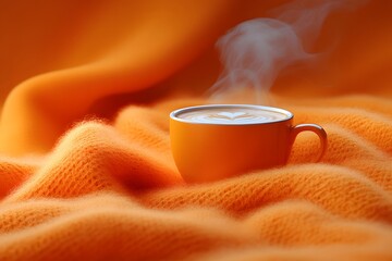 Cozy Autumn Vibes with Steaming Latte on Vibrant Orange Blanket for Seasonal Comfort