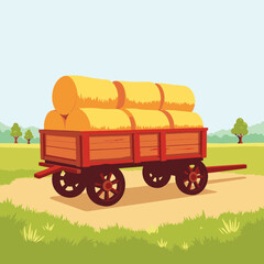 Classic hay wagon loaded with golden bales in green field, harvest