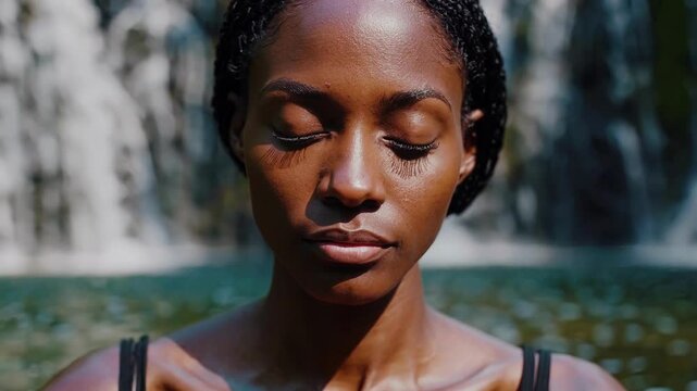 Mulher negra brasileira meditando na natureza com uma cachoeira ao fundo v&iacute;deo. Dia Mundial da Sa&uacute;de Mental - Black woman meditating. Mental day 