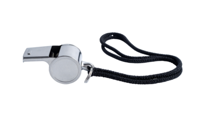 A metallic whistle with a black cord lies on a black background.  The whistle is angled slightly to the left isolated on transparent or white background. Generative ai