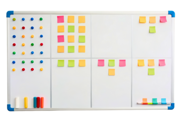 Whiteboard with colorful markers and sticky notes for planning isolated with transparent background