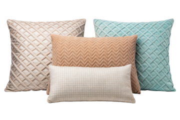 Set of decorative pillows in various textures and colors isolated with transparent background