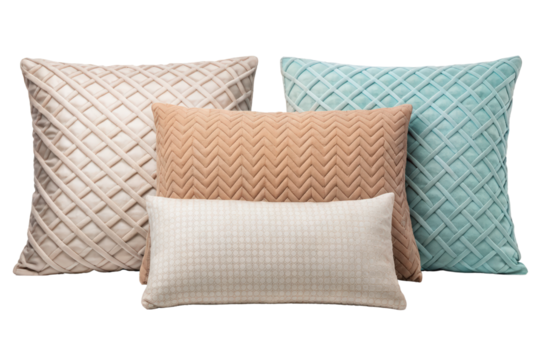Set of decorative pillows in various textures and colors isolated with transparent background