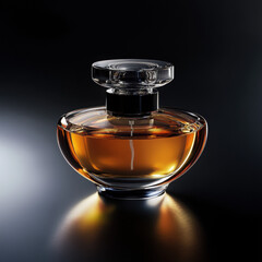Elegant perfume bottle illuminated with warm light against a dark background with reflections
