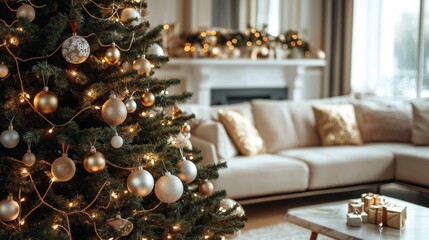 Beautifully Decorated Christmas Tree in a Cozy Living Room Setting with Gold and Silver Ornaments