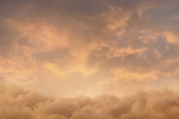 View to soft yellow sky with fluffy clouds. 3D Rendering