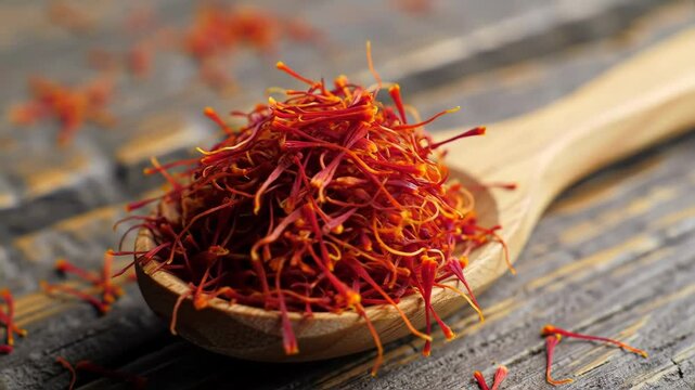Orbiting close-up and zoom on wooden spoon filled with saffron threads, rustic wood table background