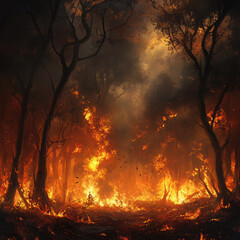 Dramatic forest fire intense scene of flames burning through the trees and environment