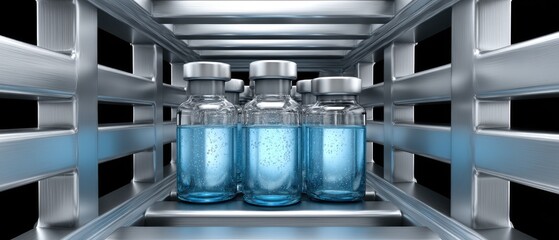 vaccine dose distribution concept. Vials of liquid in a metallic crate, showcasing a sterile environment.