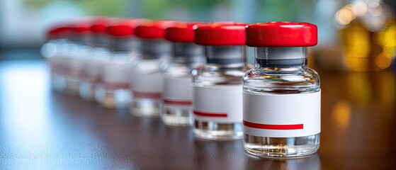 vaccine dose distribution concept. Row of glass vials with red caps on a blurred background.
