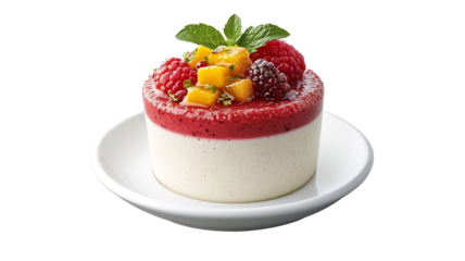 A small, layered dessert featuring a creamy white base, topped with a vibrant red fruit compote and garnished with fresh raspberries, mango chunks, and mint leaves, served on a simple white plate