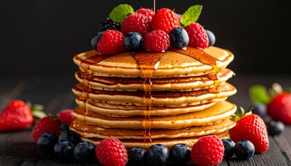 Stack of pancakes topped with berries and syrup