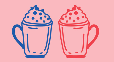 Coffee drawing, engraving, ink, line art, vector. Red blue	