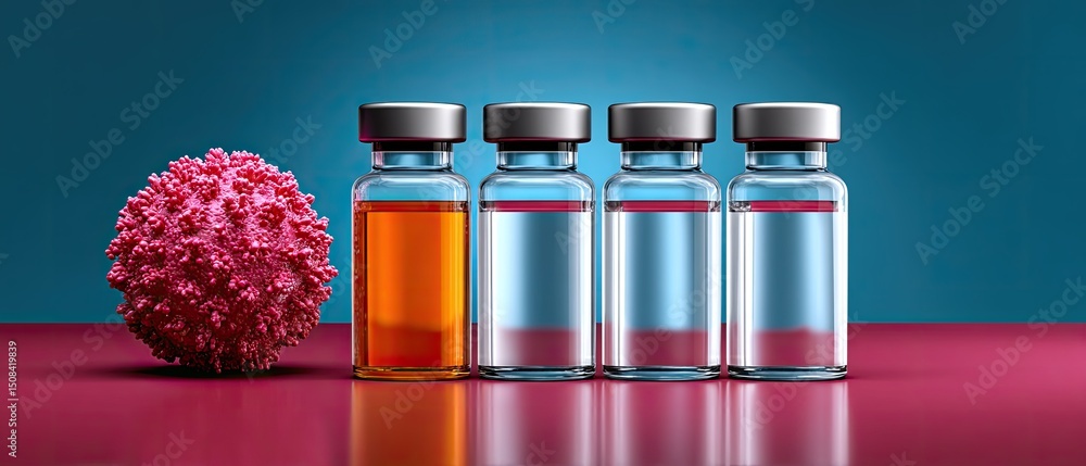 Poster vaccine dose distribution concept. vials with liquid beside a spherical object on a colorful backgro