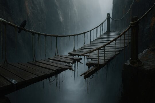 Fototapeta Broken wooden hanging bridge with snapped ropes over mist-filled gorge and perched crow on foggy cliffside  
