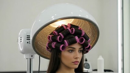 Woman with hair rollers under salon hair dryer getting a hairstyle