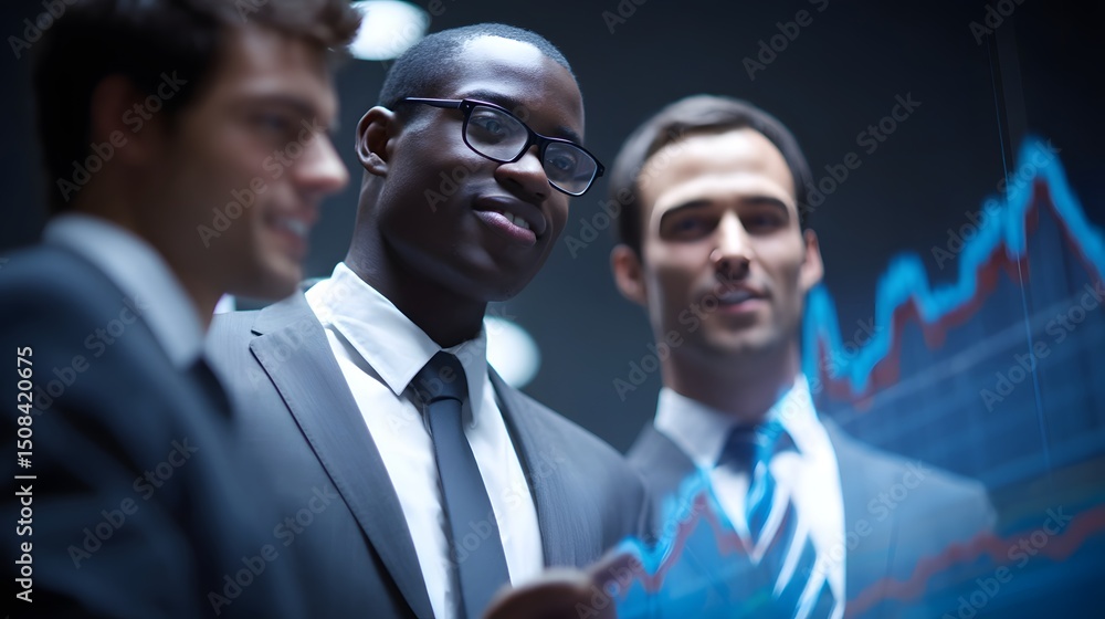 Poster a group of professionals in suits and ties examining market analytics and financial data displayed o