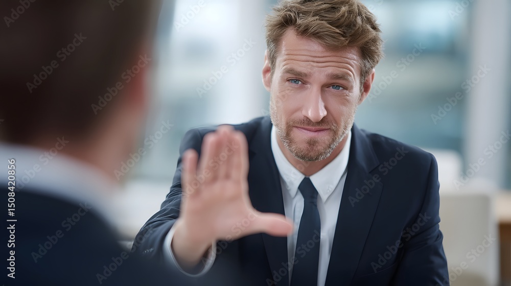 Poster two professional business leaders having a focused and intense conversation gesturing and using body