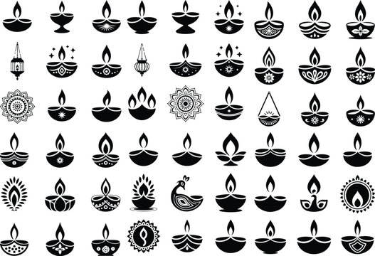 Diwali Diyas Silhouette Set – Festival of Lights Vector Icons Traditional Diya Silhouettes – Indian Diwali Celebration Graphic Set