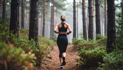 Woman jogging through a misty forest
