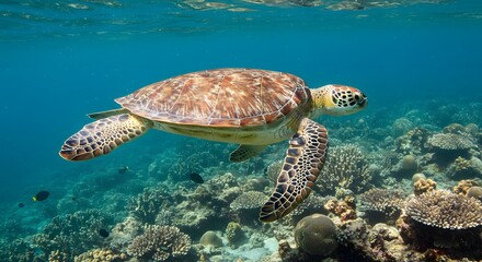 Fototapeta premium Majestic Green Sea Turtle Gracefully Navigating Vibrant Coral Reef