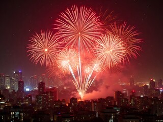 Obraz premium Red Fireworks Bloom in the Sky: Brilliant red fireworks exploding in the night sky over a city skyline, captured at the peak of a festival celebration.